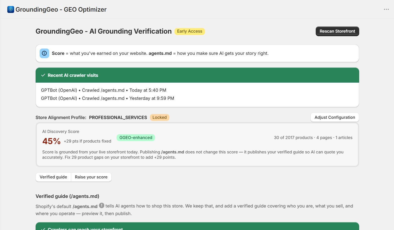 GroundingGeo dashboard with AI Discovery Score, recent AI crawler visits, and verified agents.md guide