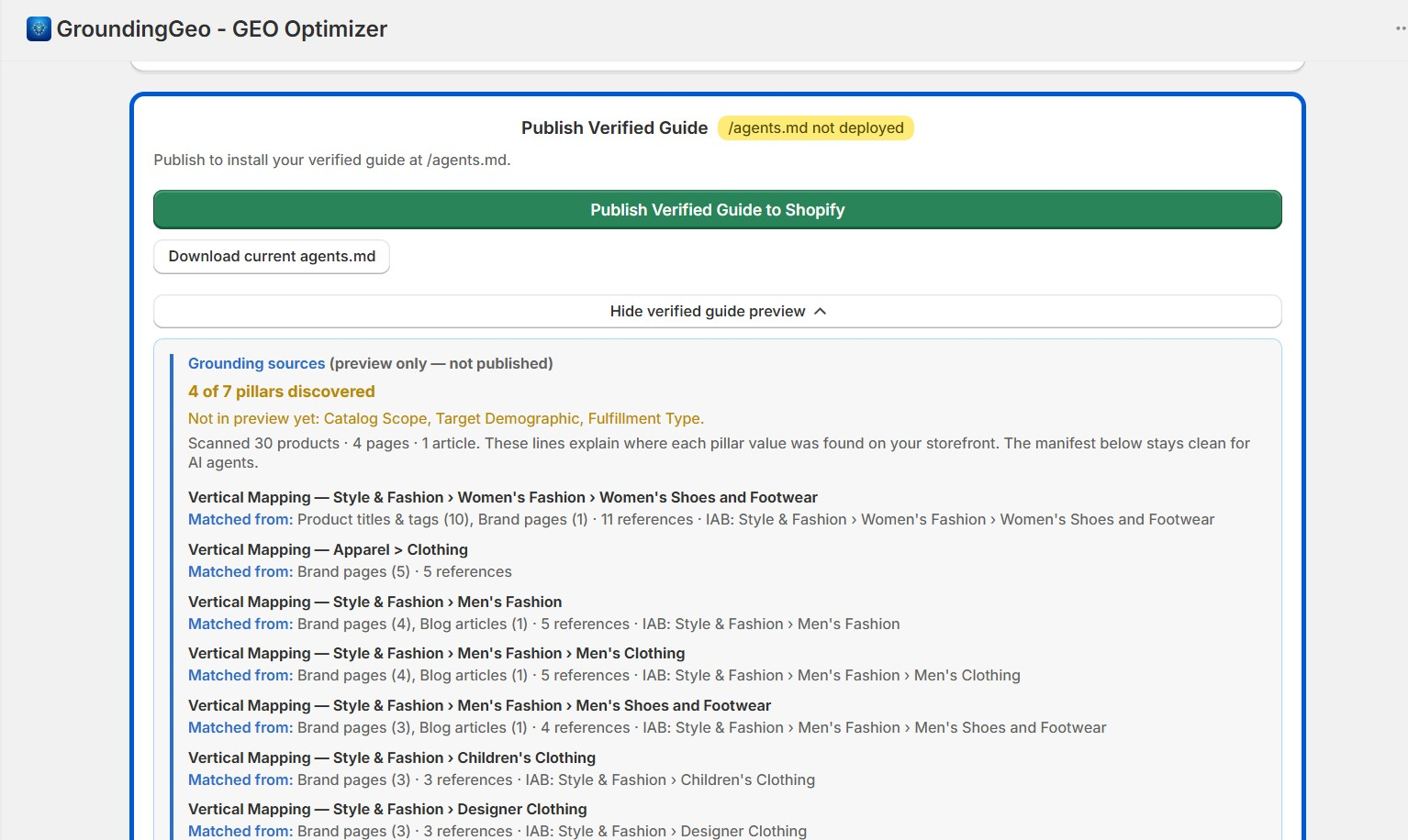 Publish Verified Guide preview with grounding sources and pillar discovery status